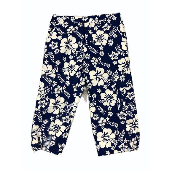 Outlook Womens Pants 1 Blue Floral Hawaiian Crop Capri Cargo Pockets Tie Hem - Picture 2 of 12